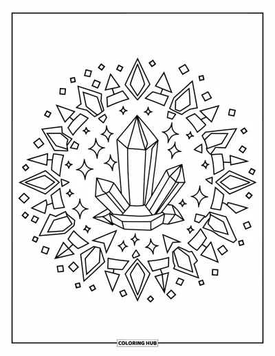 Dibujo de mandalas para colorear para niños: Cristal con cortes de gema, triángulos y destellos organizados en espiral