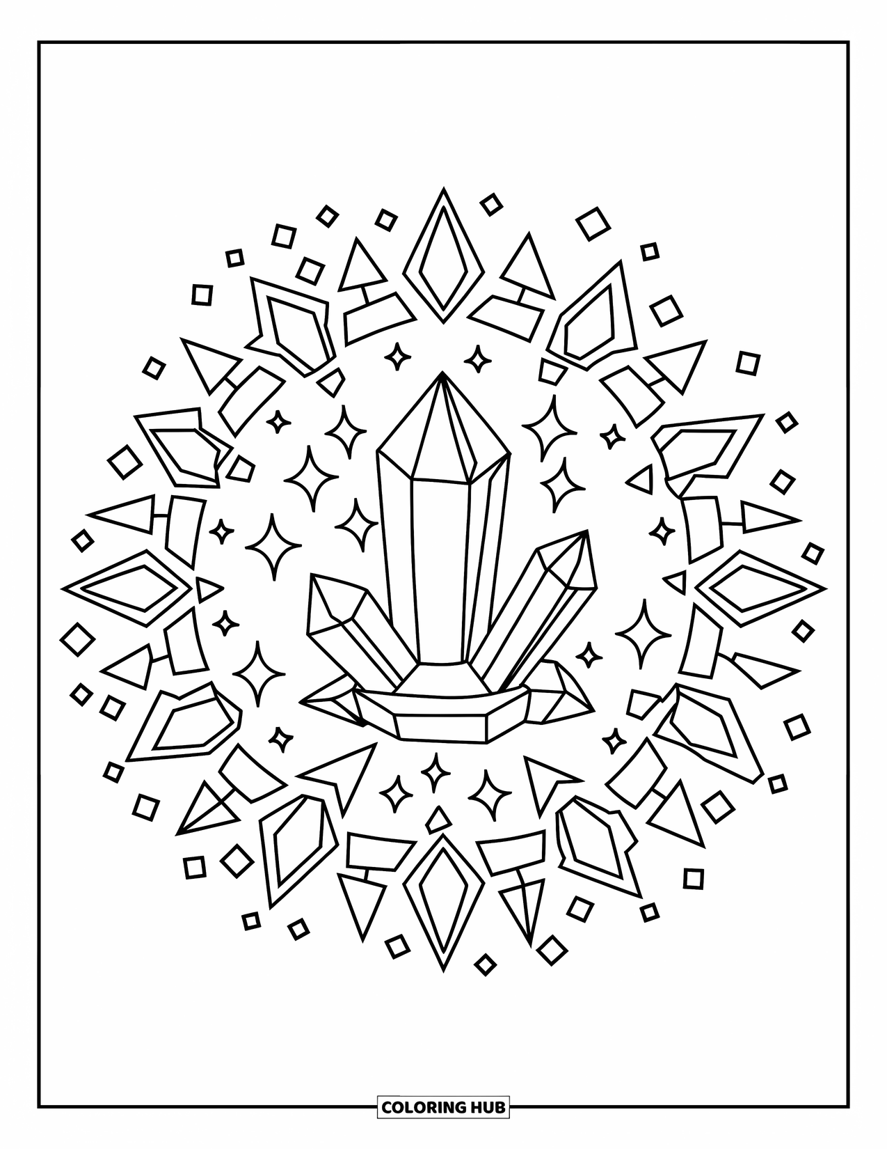 Mandala Coloring Page for Kids: Crystal with gem cuts, triangles, and sparkles arranged in a spiral