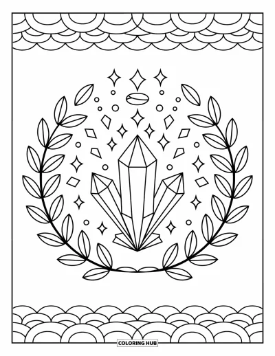 Dibujo de mandalas para colorear para niños: Cristal con gemas en espiral, formas triangulares y un borde de hojas