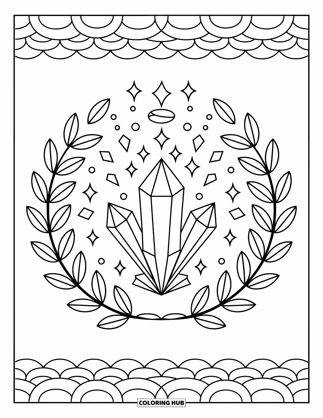 Mandala Coloring Page for Kids: Crystal with spiral gems, triangle shapes, and a leafy border