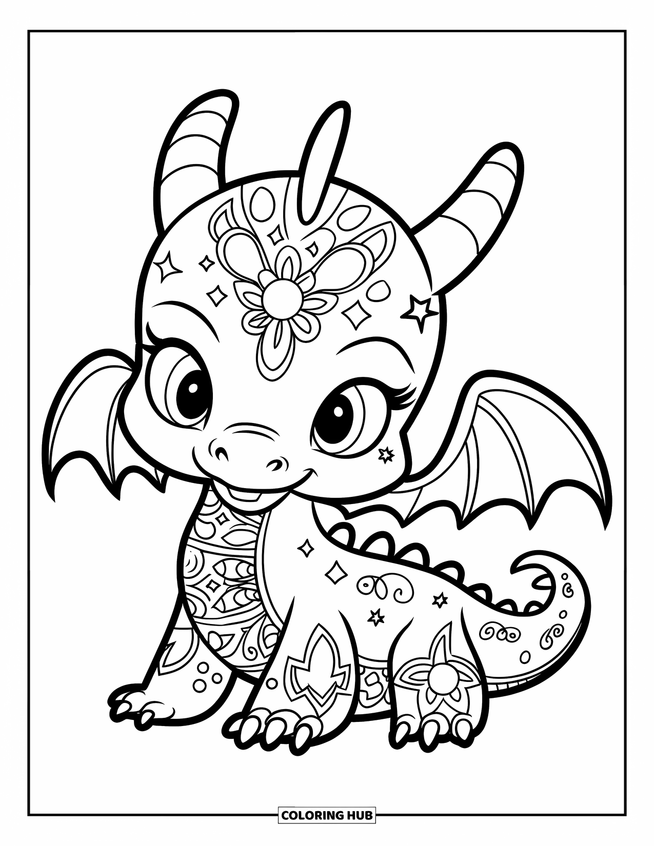 Mandala Coloring Page for Kids: Cute baby dragon with fire and star shapes forming a magical pattern