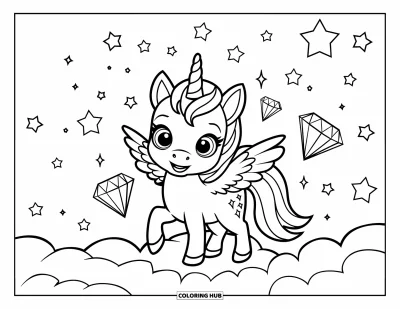 Dibujo de mandalas para colorear para niños: Unicornio bebé tierno sobre una nube con estrellas, espirales y destellos alrededor
