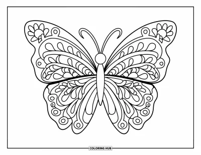 Dibujo de mandalas para colorear para niños: Mariposa tierna en el centro con enredaderas de hojas y alas en forma de flor