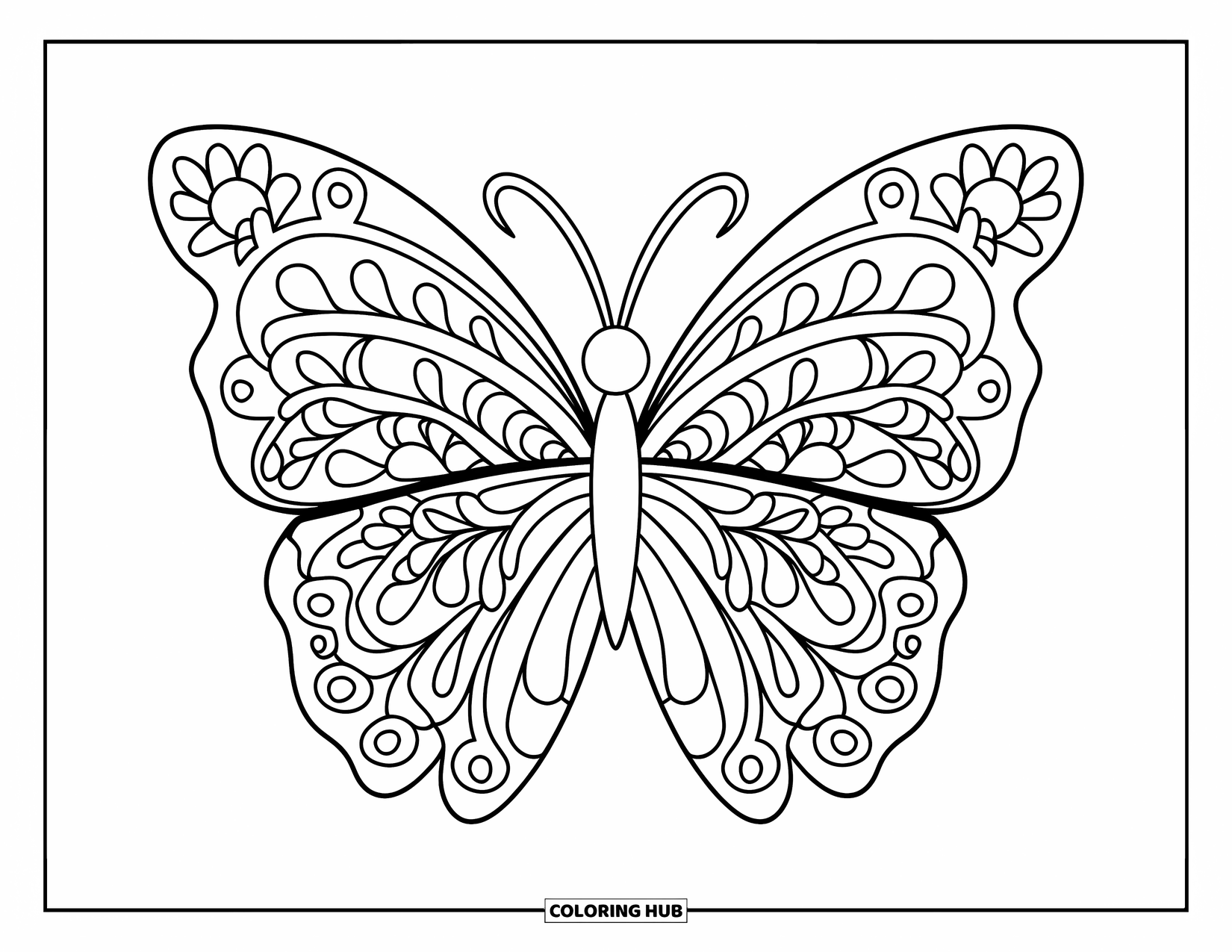Mandala Coloring Page for Kids: Cute butterfly in the center with leafy vines and flower-shaped wings