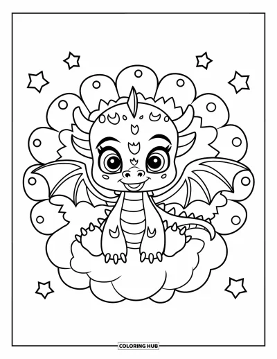 Dibujo de mandalas para colorear para niños: Dragón sobre una nube con formas de fuego en espiral, alas y estrellas