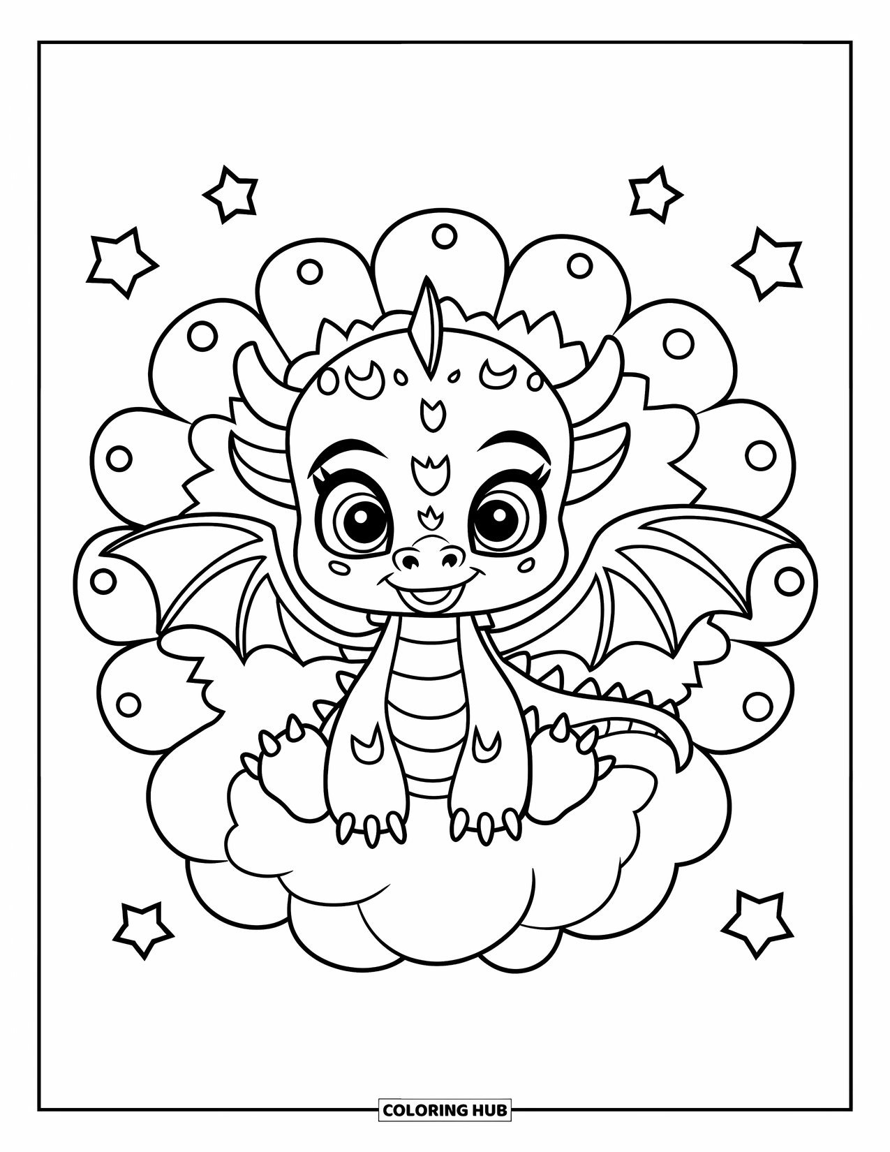 Mandala Coloring Page for Kids: Dragon on a cloud with swirly fire shapes, wings, and stars