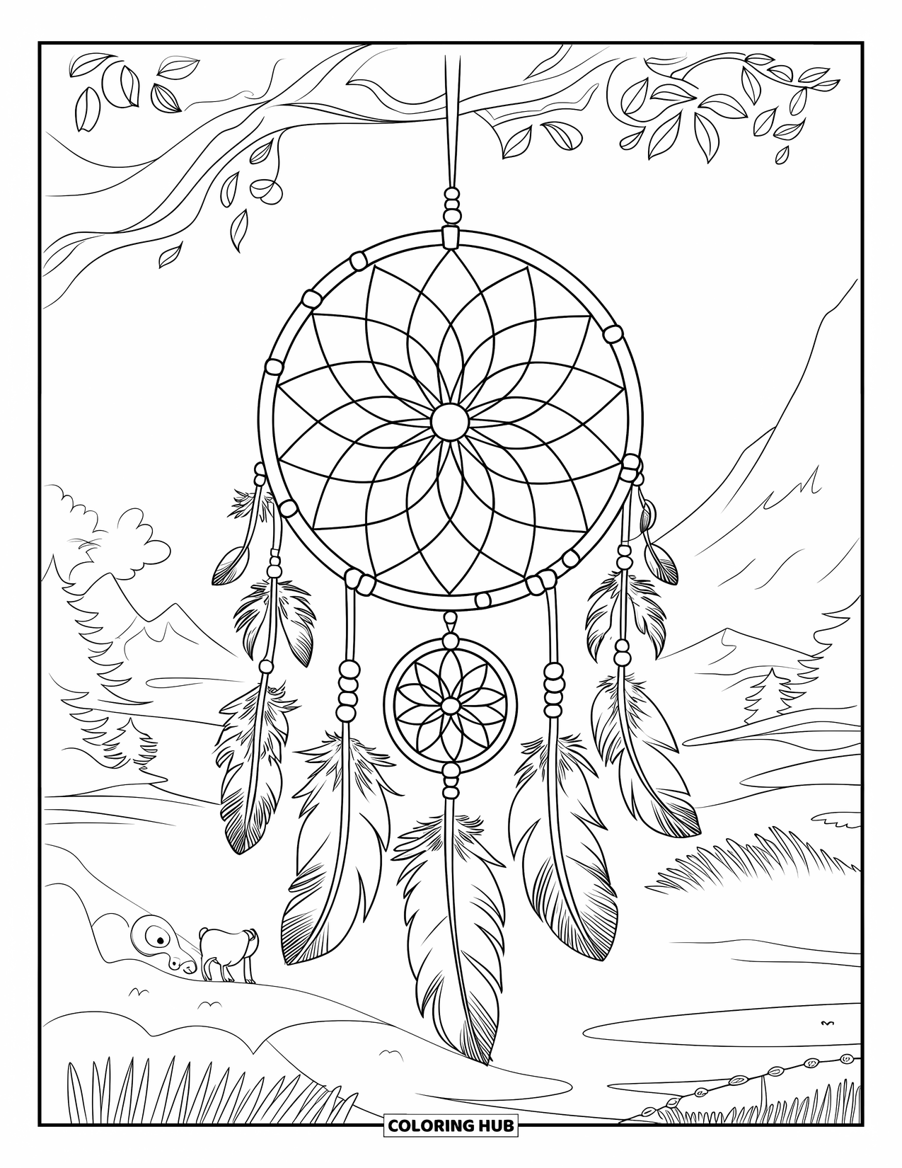 Mandala Coloring Page for Kids: Dreamcatcher on a branch with animals and peaceful mountain scenery