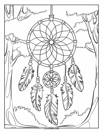 Dibujo de mandalas para colorear para niños: Atrapasueños con plumas, cuentas y aros colgando suavemente de una rama