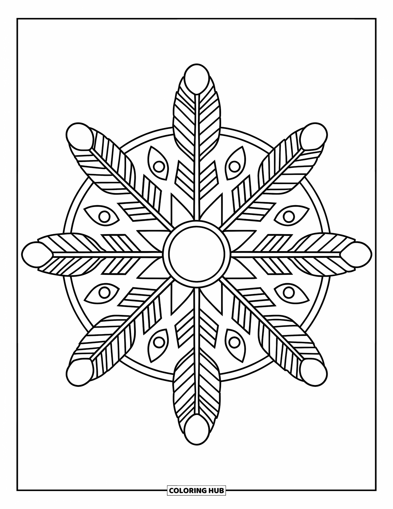 Mandala Coloring Page for Kids: Feathered arrows form a boho mandala with vines, feathers, and soft shapes