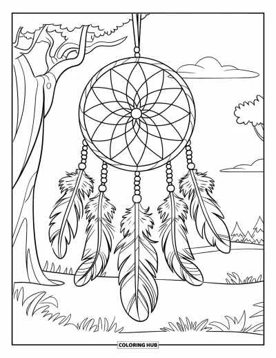 Dibujo de mandalas para colorear para niños: Atrapasueños con plumas en una rama, con árboles y un cielo tranquilo