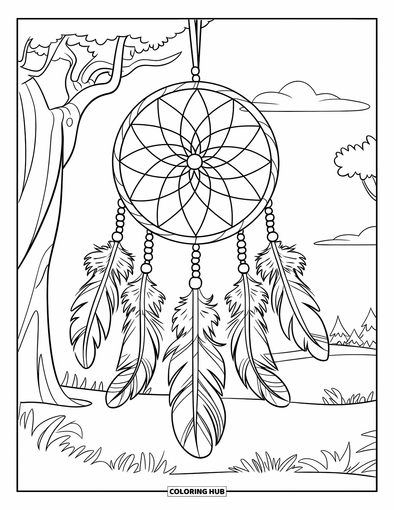 Mandala Coloring Page for Kids: Feathery dreamcatcher on a branch with trees and a calm sky