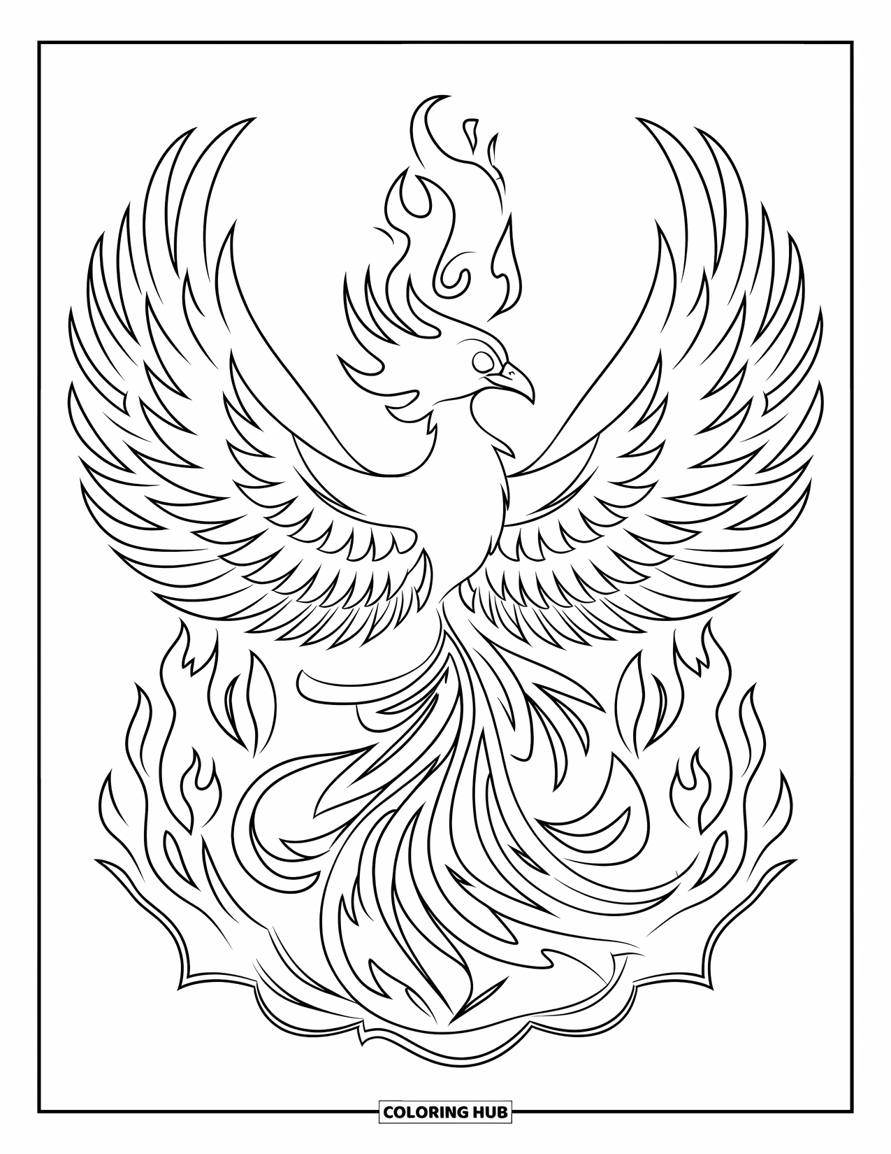 Mandala Coloring Page for Kids: Fiery phoenix with swirling flames and feathers forming a bold mandala