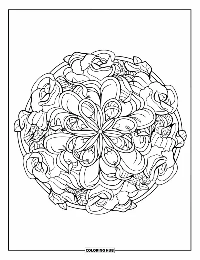 Dibujo de mandalas para colorear para niños: Mandala floral formado por rosas, enredaderas y patrones de espinas curvadas