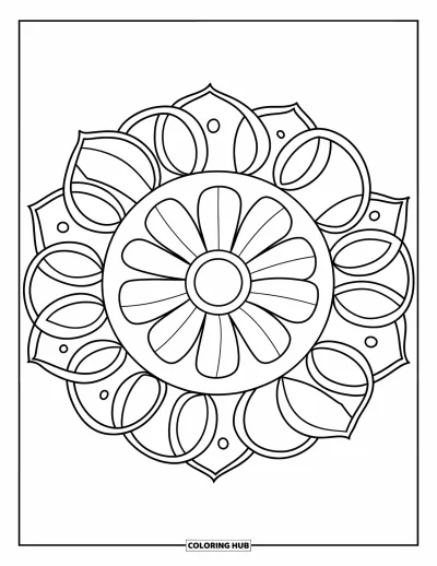 Dibujo de mandalas para colorear para niños: Flor de pétalos redondos y suaves con hojas en capas que crean un mandala juguetón