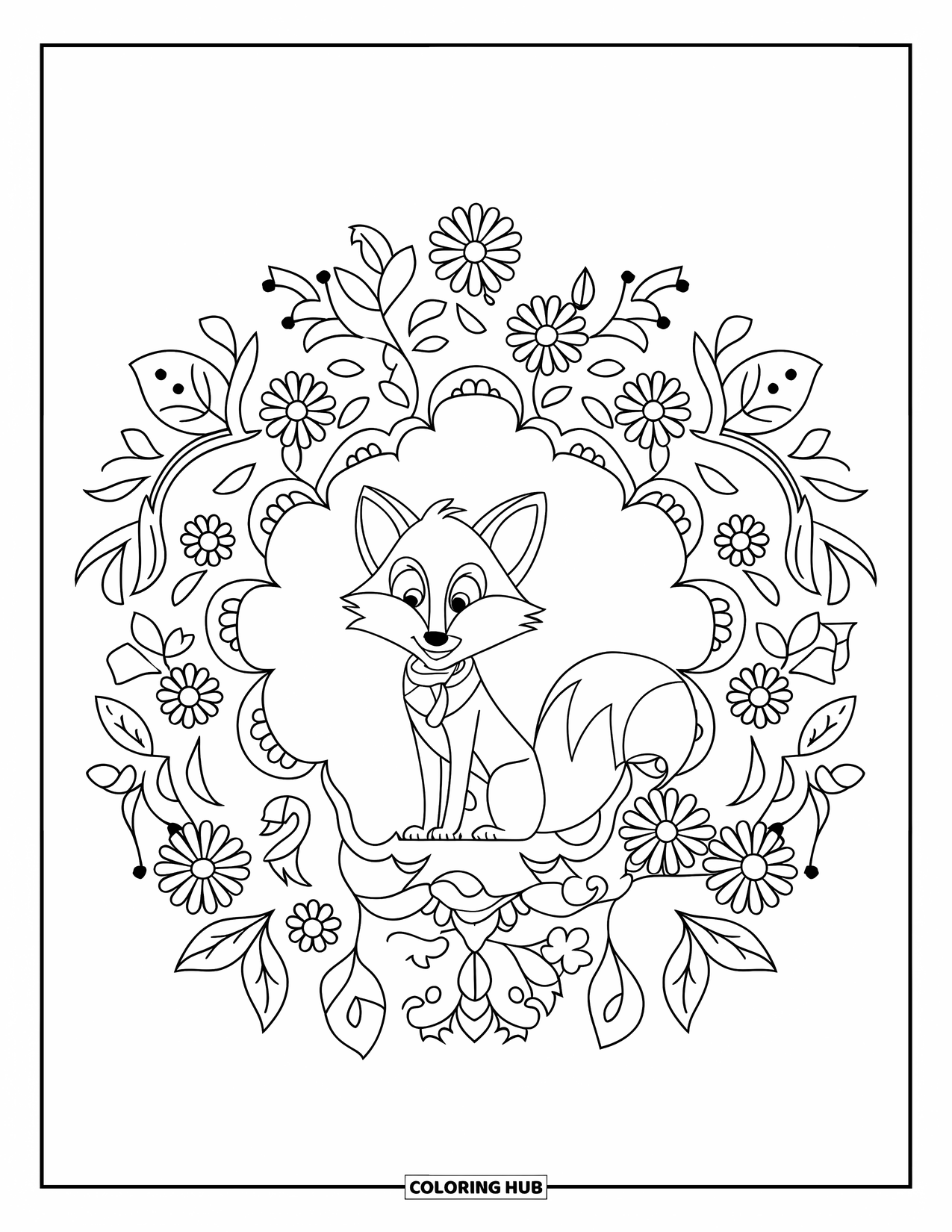 Mandala Coloring Page for Kids: Fox in a vest and scarf surrounded by a detailed floral mandala