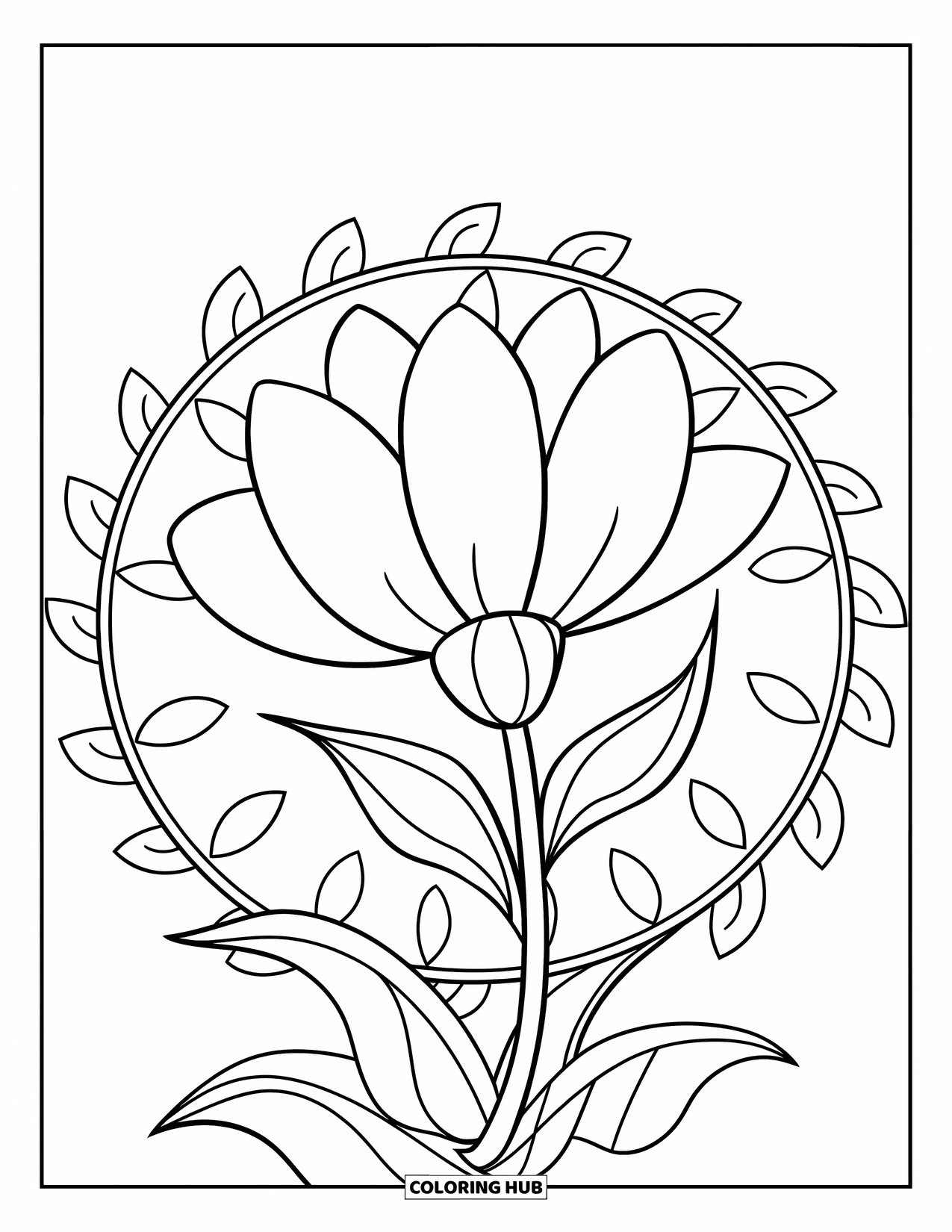 Mandala Coloring Page for Kids: Giant flower with big petals and a leaf-shaped mandala around it