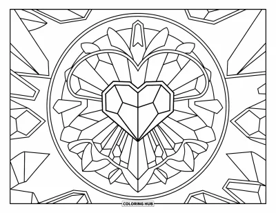 Dibujo de mandalas para colorear para niños: Cristal en forma de corazón con estrellas, pétalos y fragmentos alrededor en un aro ordenado