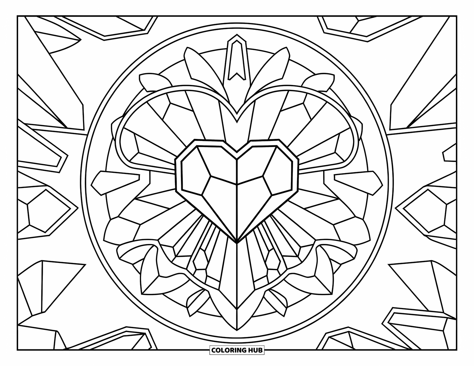 Mandala Coloring Page for Kids: Heart-shaped crystal with surrounding stars, petals, and shards in a neat ring