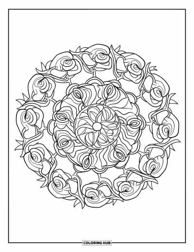 Dibujo de mandalas para colorear para niños: Rosas en capas y espinas organizadas en un hermoso mandala floral circular