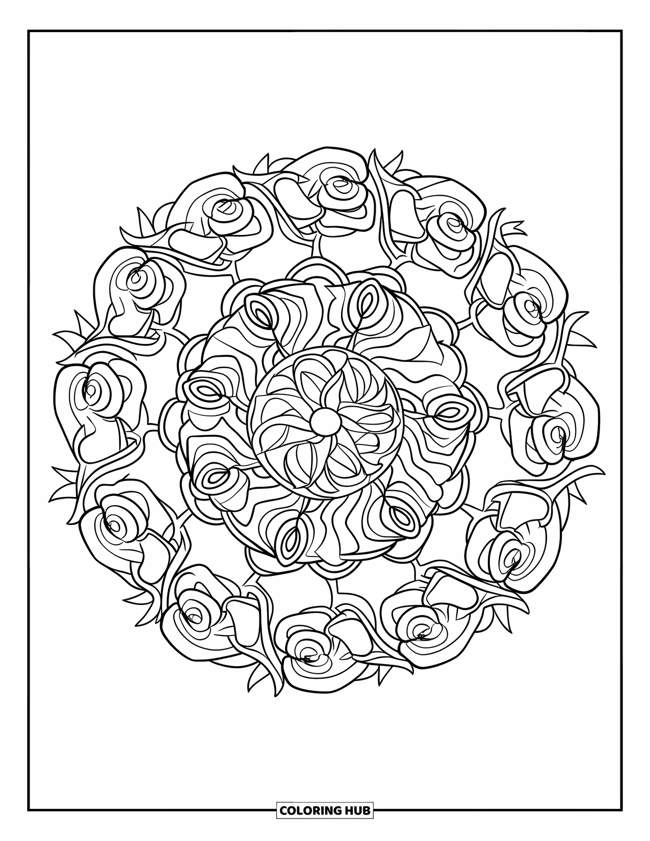 Mandala Coloring Page for Kids: Layered roses and thorns arranged in a lovely circular floral mandala