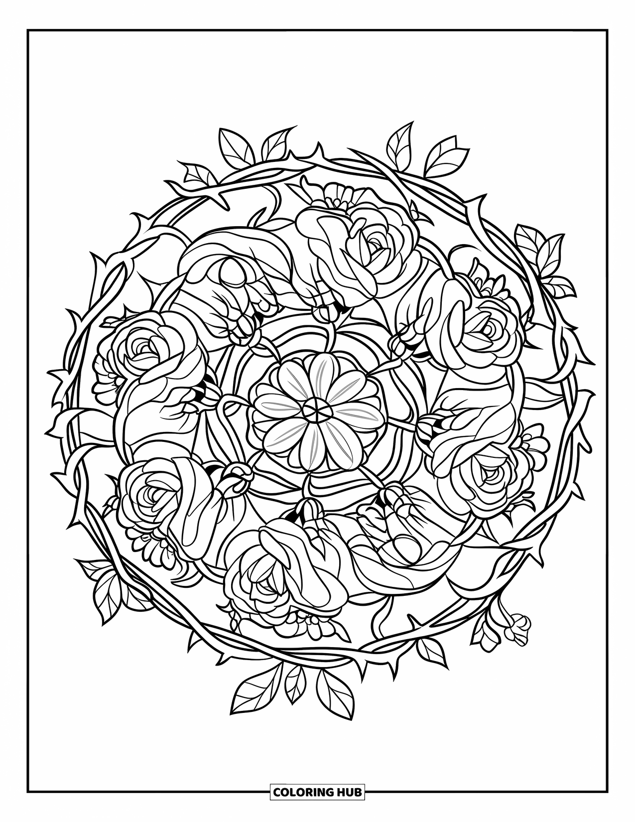 Mandala Coloring Page for Kids: Mandala of roses and vines with layered petals and curling thorns