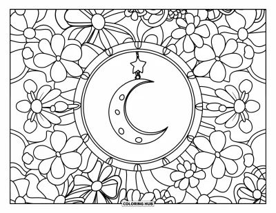 Dibujo de mandalas para colorear para niños: Luna y estrella en el centro con flores alegres que forman un mandala encantador