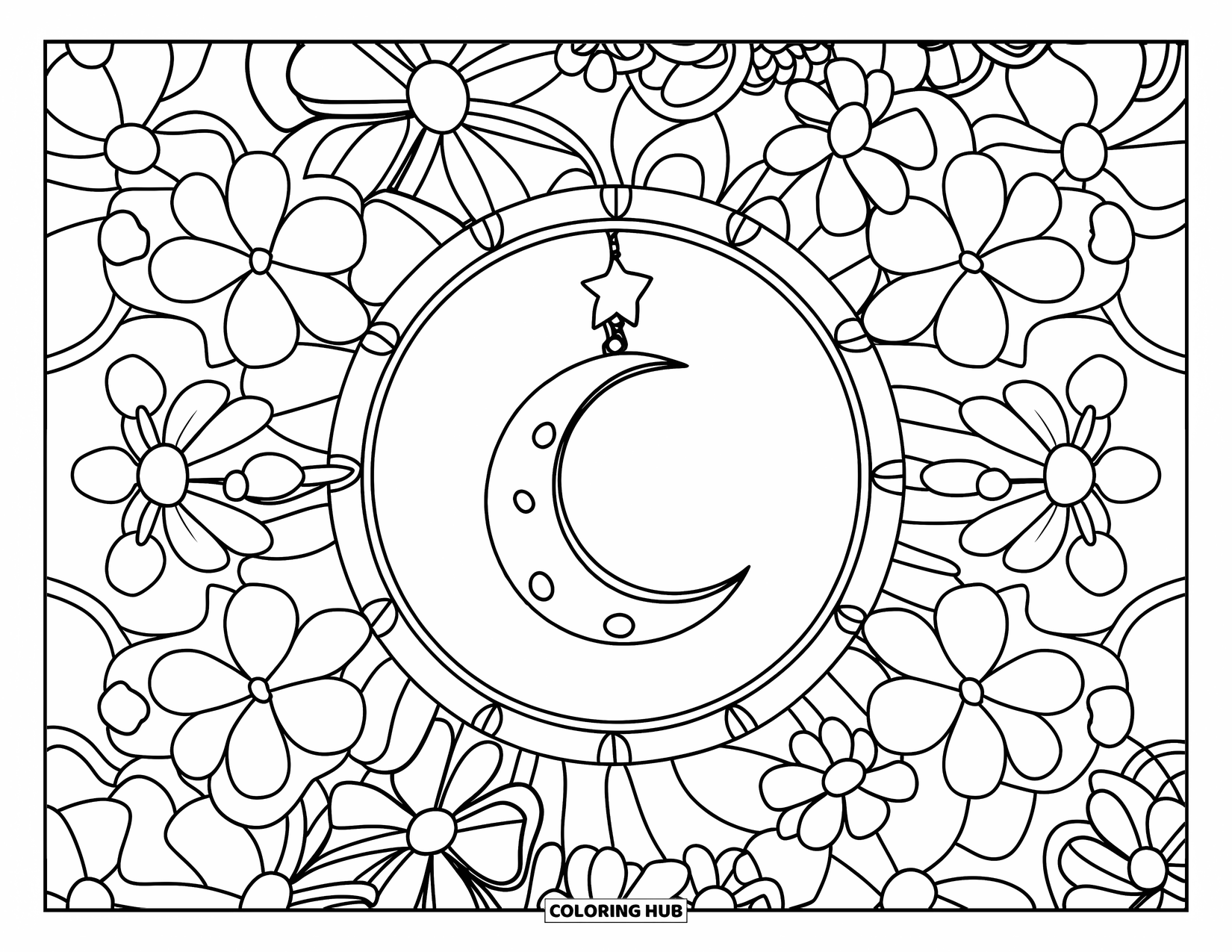 Mandala Coloring Page for Kids: Moon and star in the center with playful flowers forming a cheerful mandala