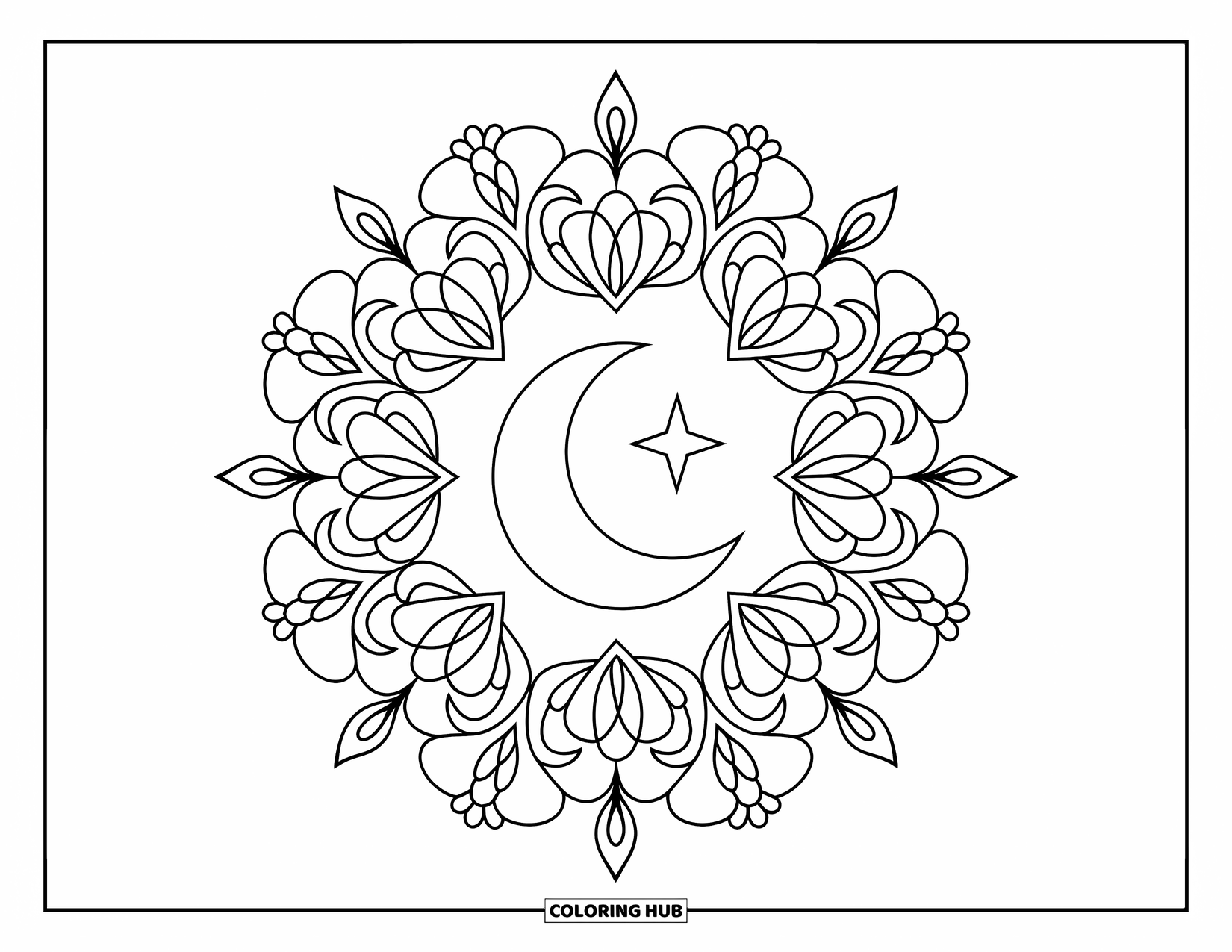 Mandala Coloring Page for Kids: Moon and star surrounded by a floral mandala of flowers, leaves, and vines