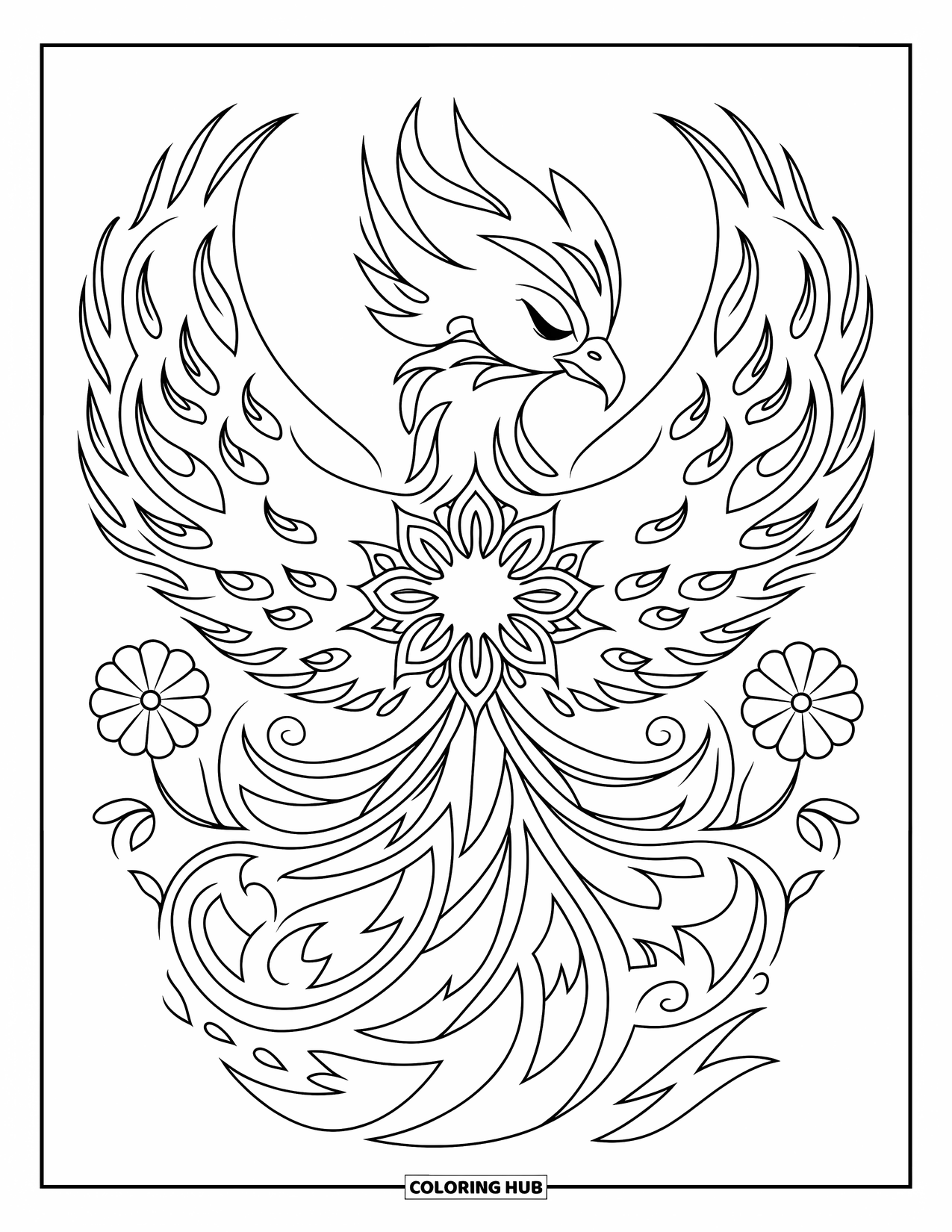 Mandala Coloring Page for Kids: Peaceful phoenix surrounded by flowers and gentle swirling fire elements
