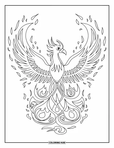 Dibujo de mandalas para colorear para niños: Fénix en el centro con espirales de fuego y plumas formando un círculo firme
