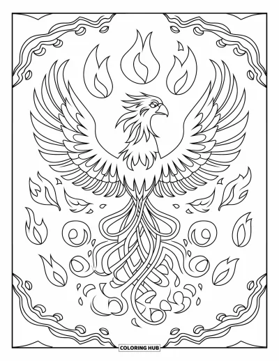 Dibujo de mandalas para colorear para niños: Fénix con las alas extendidas, rodeado de llamas y rizos de fuego en espiral
