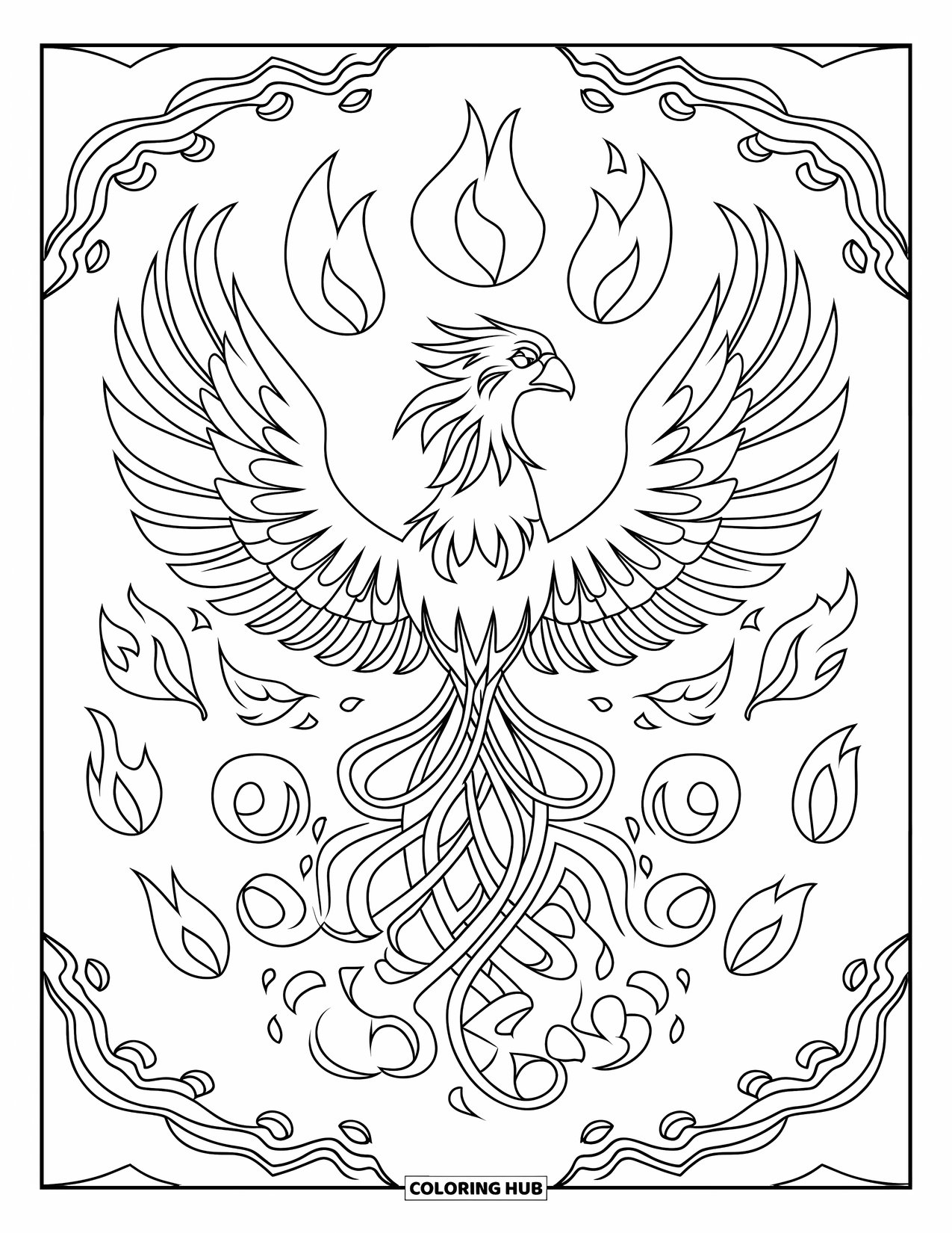 Mandala Coloring Page for Kids: Phoenix with wings outstretched, surrounded by flames and swirling fire curls