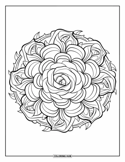 Dibujo de mandalas para colorear para niños: Rosas, enredaderas y espinas forman un bonito mandala redondo en el centro