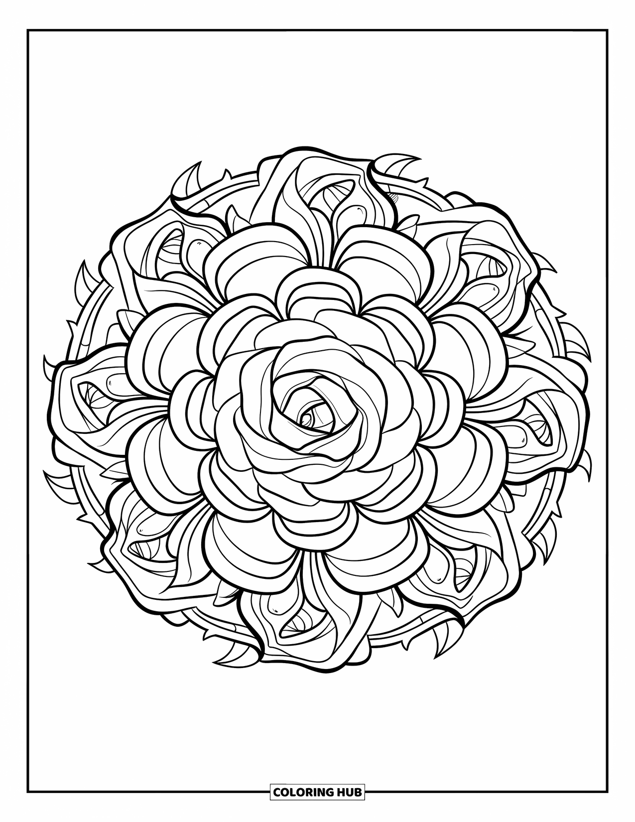 Mandala Coloring Page for Kids: Roses, vines, and thorns form a beautiful round mandala in the center