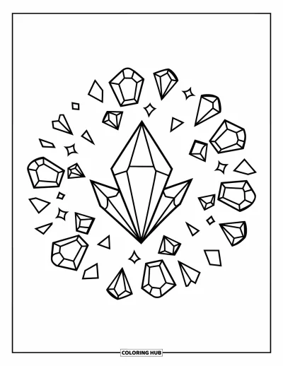 Dibujo de mandalas para colorear para niños: Cristal brillante en el centro con destellos en espiral y cortes triangulares