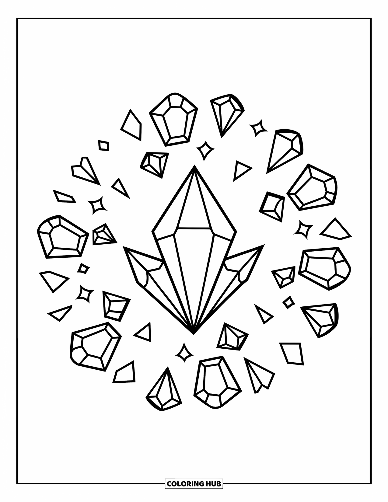 Mandala Coloring Page for Kids: Shiny crystal in the center with swirling sparkle shapes and triangle cuts