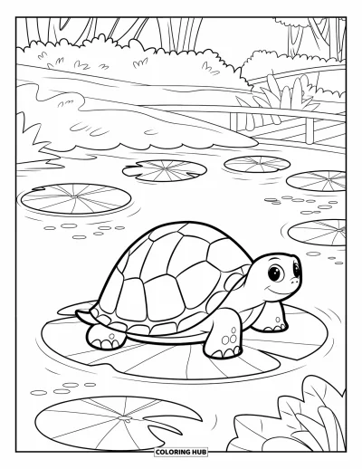Dibujo de mandalas para colorear para niños: Tortuga sobre una hoja de lirio en un estanque verde con árboles y un puente