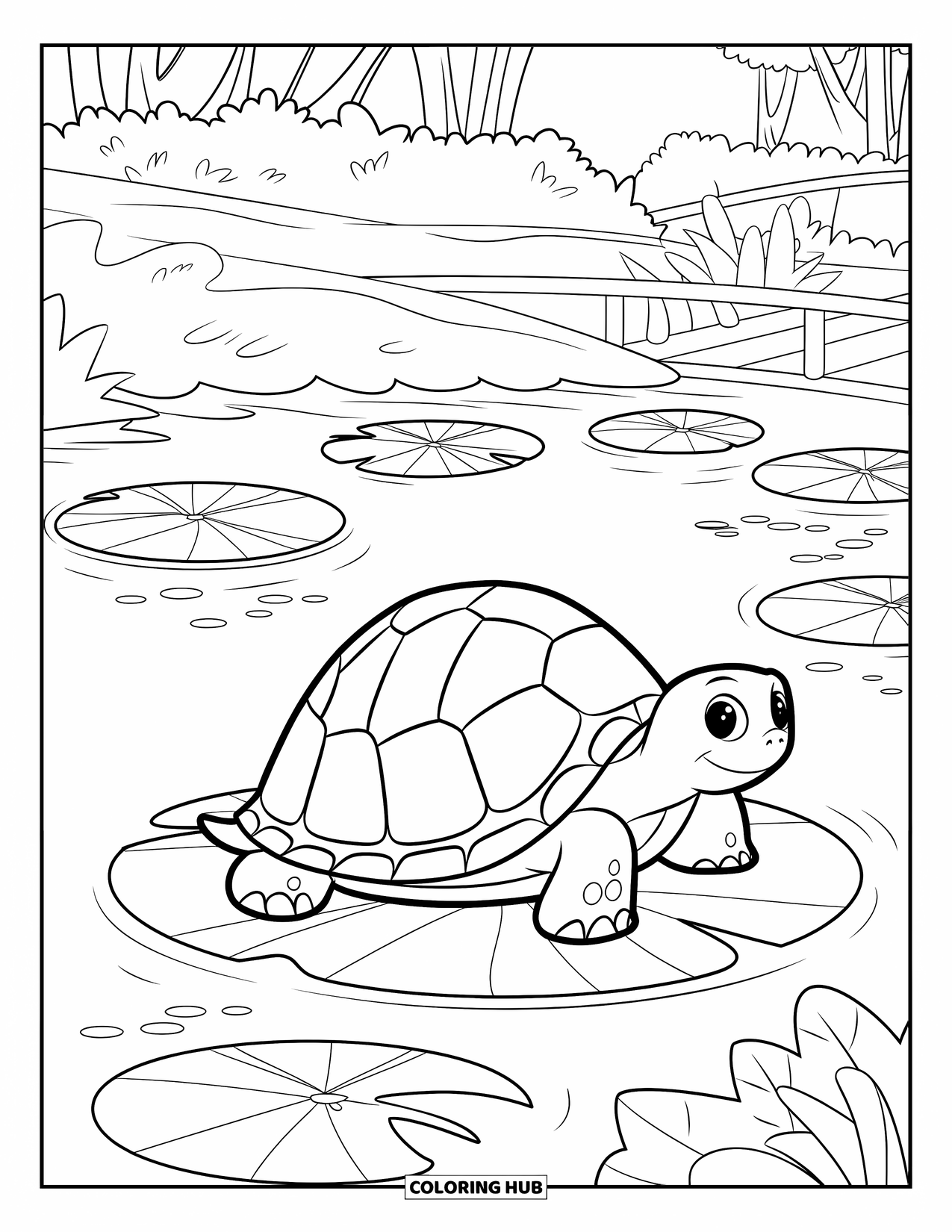 Mandala Coloring Page for Kids: Turtle on a lily pad in a green pond with trees and a bridge