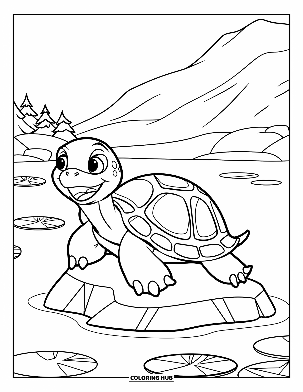 Mandala Coloring Page for Kids: Turtle on a rock with lily pads and mountains in a calm lake