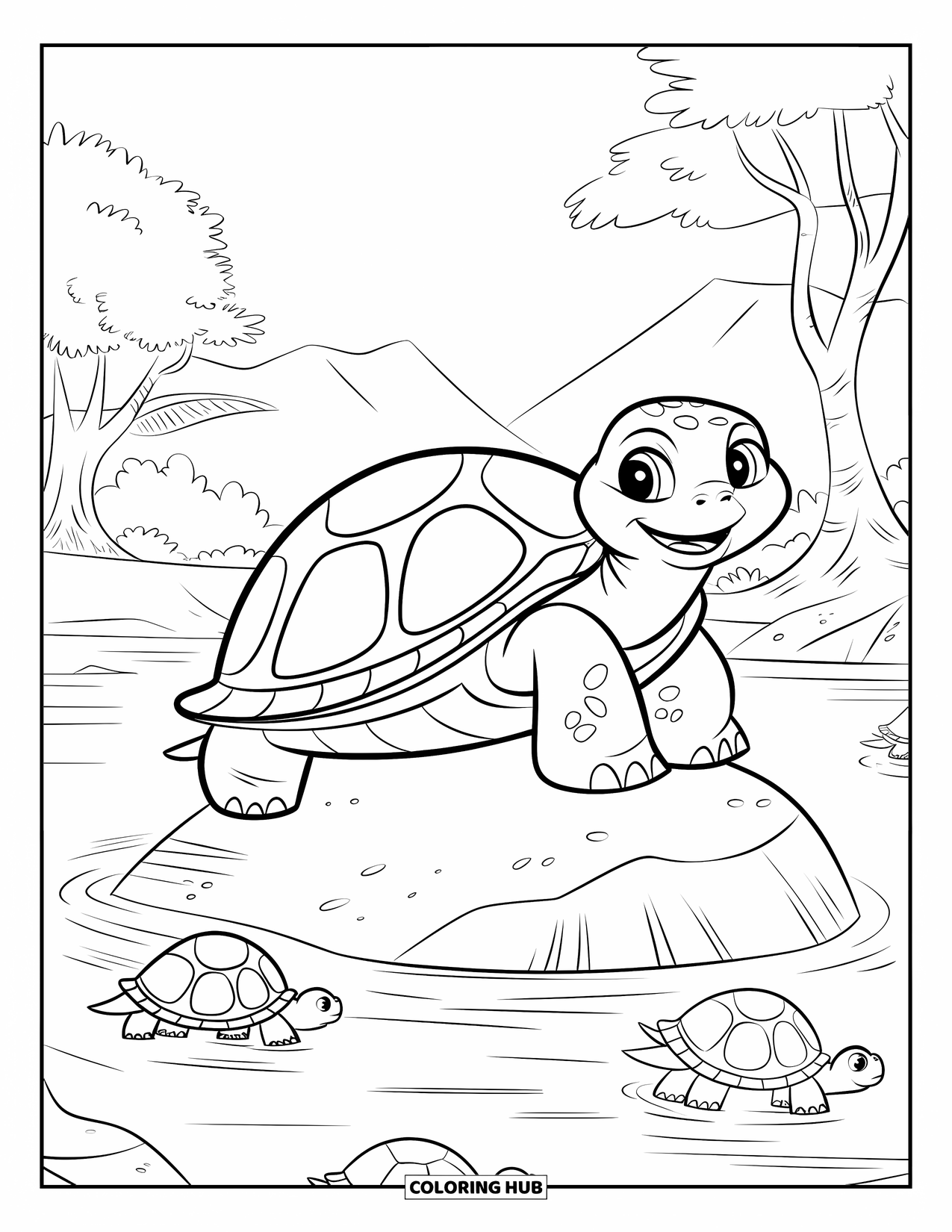 Mandala Coloring Page for Kids: Turtle on a rock with smaller turtles and mountains in the distance