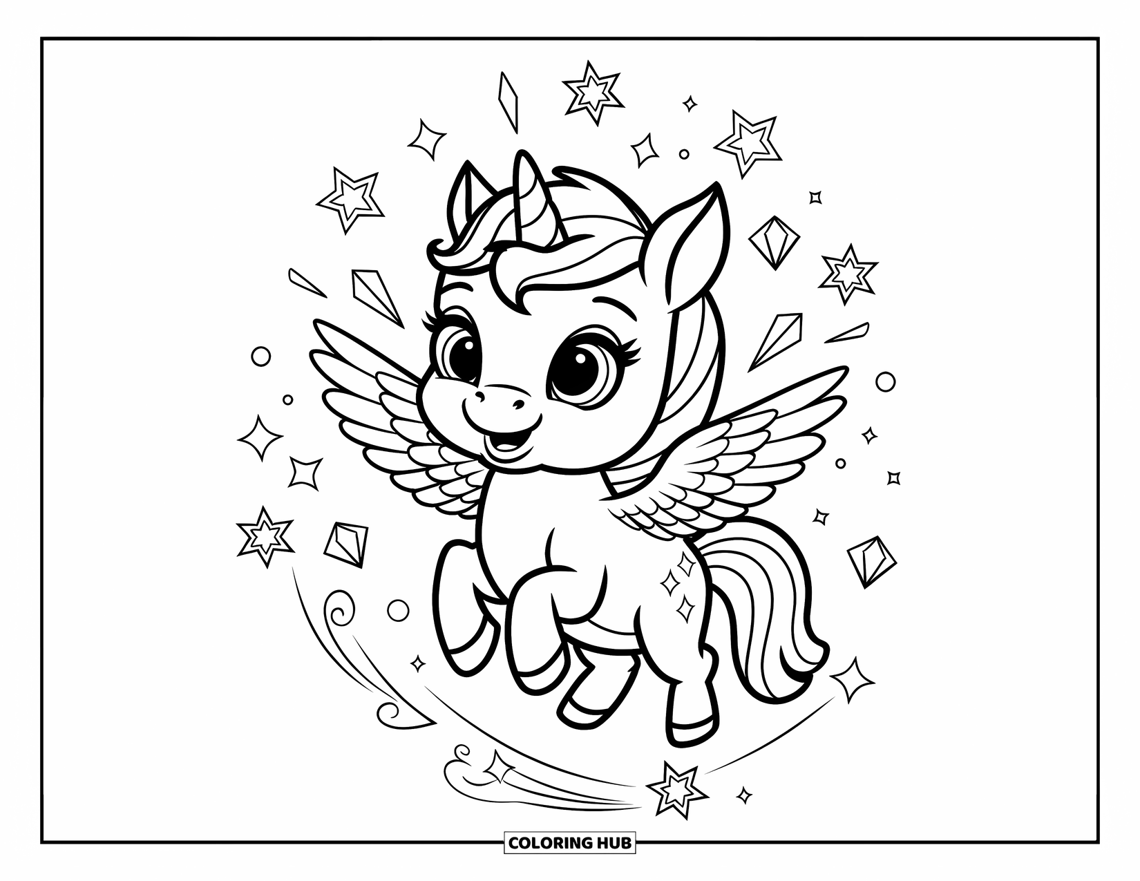 Mandala Coloring Page for Kids: Winged unicorn surrounded by stars, diamonds, and sparkly swirl shapes