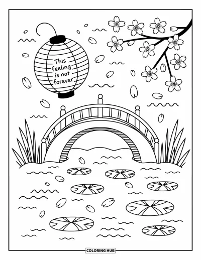 Coloriage de santé mentale pour adultes : Un pont sur un bassin à koïs avec une lanterne portant le message « This feeling is not forever »