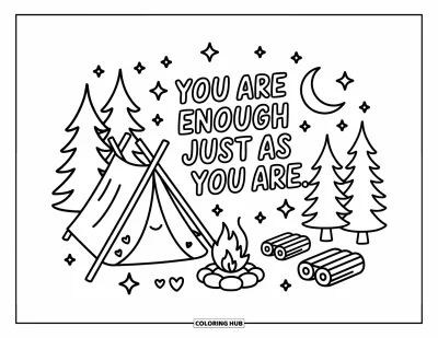 Coloriage de santé mentale pour adultes : Un feu de camp sous les étoiles partage le message « You are enough »