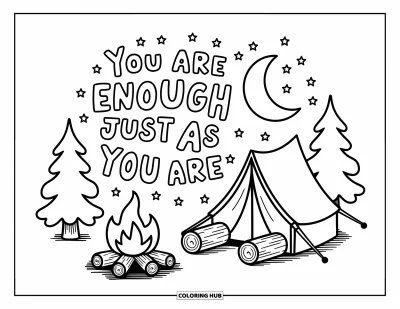 Coloriage de santé mentale pour adultes : Un campement chaleureux sous les étoiles avec un doux rappel sur l'estime de soi