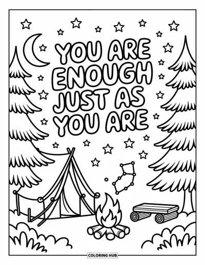 Coloriage de santé mentale pour adultes : Un campement forestier sous la lune rappelant que vous avez tout ce qu'il vous faut