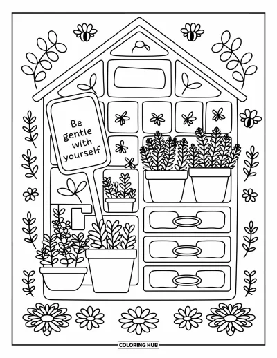 Coloriage de santé mentale pour adultes : Une serre chaleureuse remplie de plantes avec un message de douceur