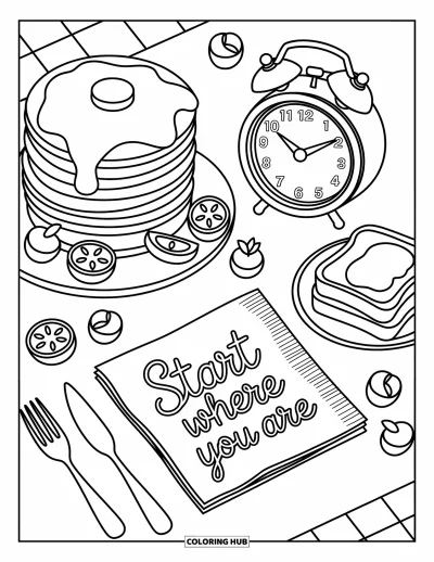 Coloriage de santé mentale pour adultes : Un joli repas du matin et une serviette rappelant de commencer la journée en douceur
