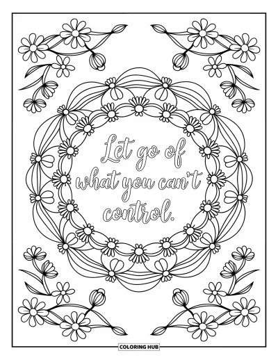 Coloriage de santé mentale pour adultes : Un délicat mandala entoure la citation « Let Go of What You Can't Control »