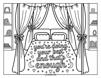 Coloriage de santé mentale pour adultes : Un couvre-lit illuminé de guirlandes lumineuses dit « Youre doing your best and thats enough »