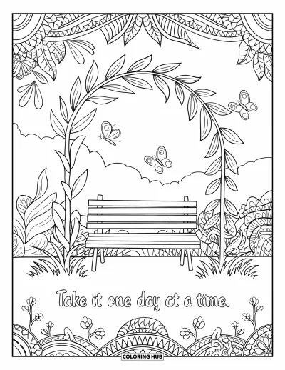 Coloriage de santé mentale pour adultes : Des papillons flottants et un banc serein portent le message « Take It One Day at a Time »